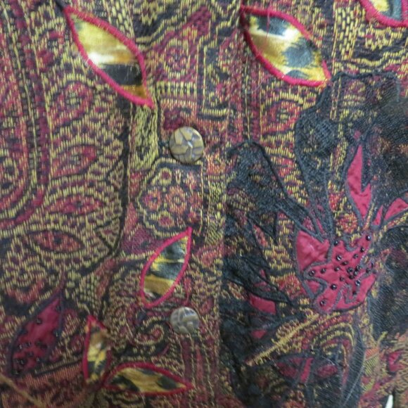 Chico size 1 multi color ethnic red black brocade jacket, Hippie Boho - Picture 2 of 10